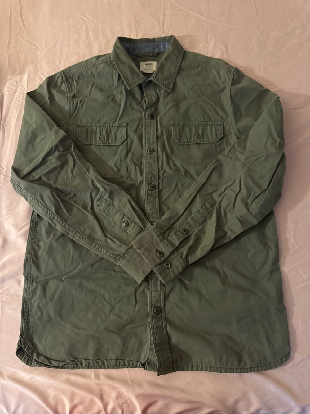 Vans Olive Green Collared Shirt with Denim Trim